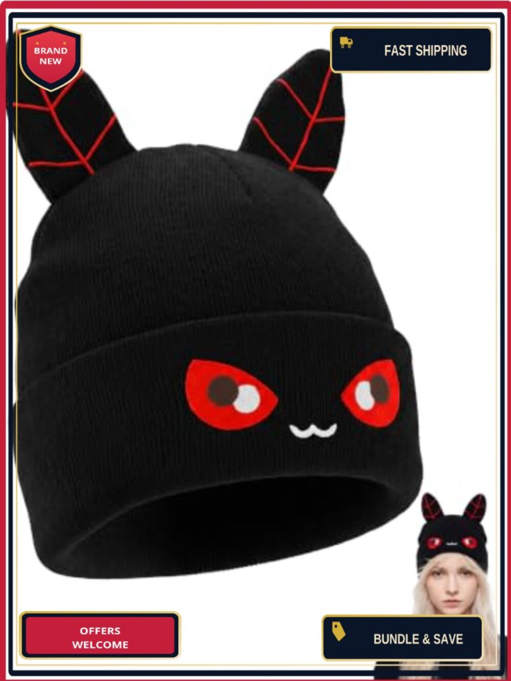 Mothman Beanie with 3D Antenna Ears Cryptid Costume Knit Hat